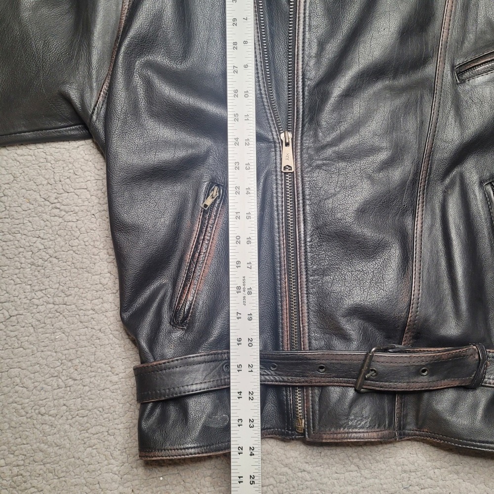 Badge Leather Jacket Mens Large Black Distressed Belted Moto Biker Asymmetrical - Picture 10 of 14